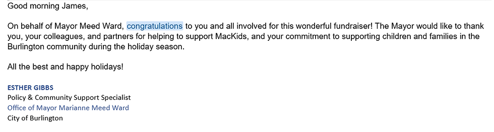 Email from the Mayor of Burlington, screenshot, praising Car Nation Canada for supporting MacKids