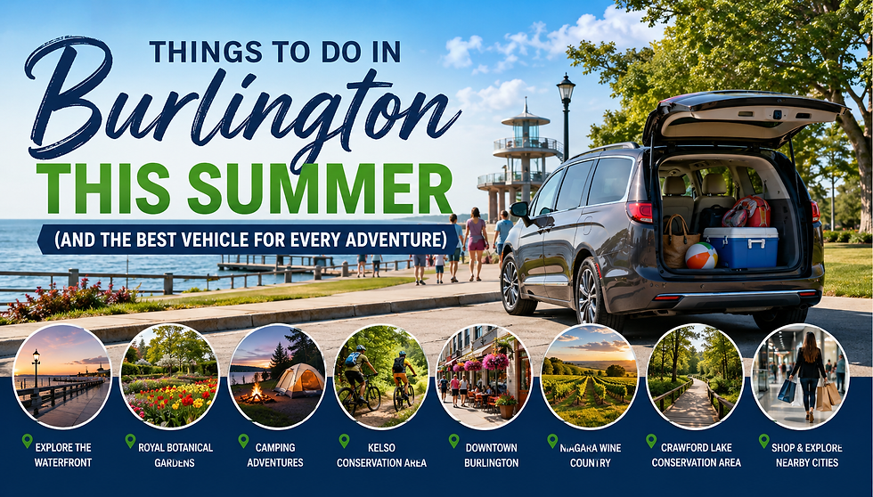 Summer in Burlington, Ontario is all about getting outdoors, exploring the waterfront, discovering scenic trails, and taking unforgettable road trips across Southern Ontario. Whether you're planning family outings, camping weekends, paddleboarding on Lake Ontario, or exploring nearby communities, having the right vehicle can make every adventure even better.