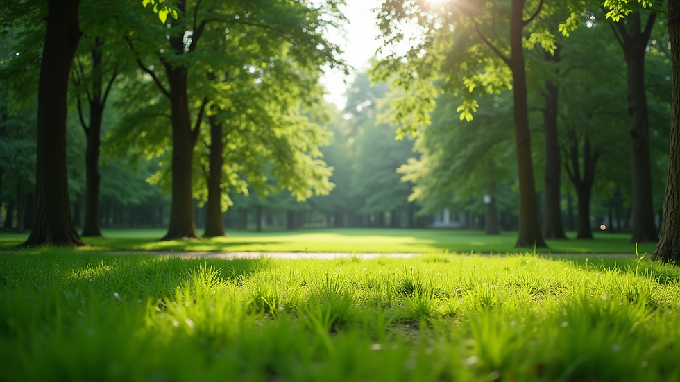 Eye-level view of a serene park with lush greenery