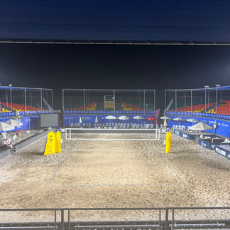 The Beach Pro Tour Challenge 2025 arena in Alanya — silent, empty, and sacred after days of world-class beach volleyball battles. A moment of reflection under the stadium lights.