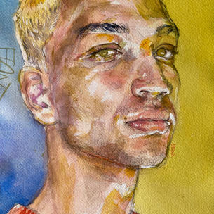 Portrait of a young, adult male's face. Profile with head turned at angle and tilted slightly upwards towards viewer in fixed gaze from amber colored eyes. Lips closed tightly, straight neck and strong jawline. Man has short blonde hair and is wearing a red collarless shirt. Background is blue on left and yellow on right.
