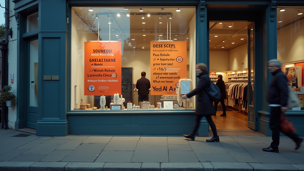 Eye-level view of a local Kendal shop window with vibrant promotional posters