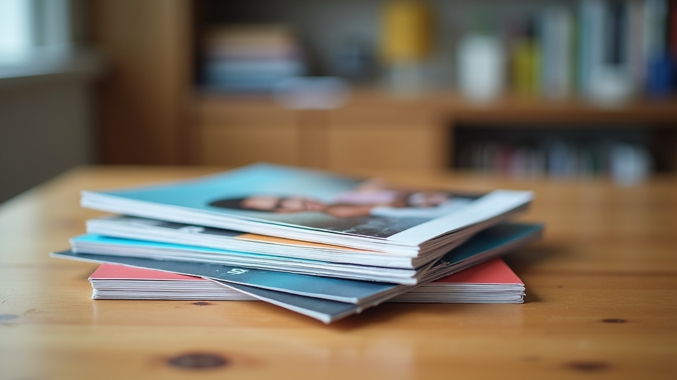 Eye-level view of a stack of colourful brochures on a wooden table