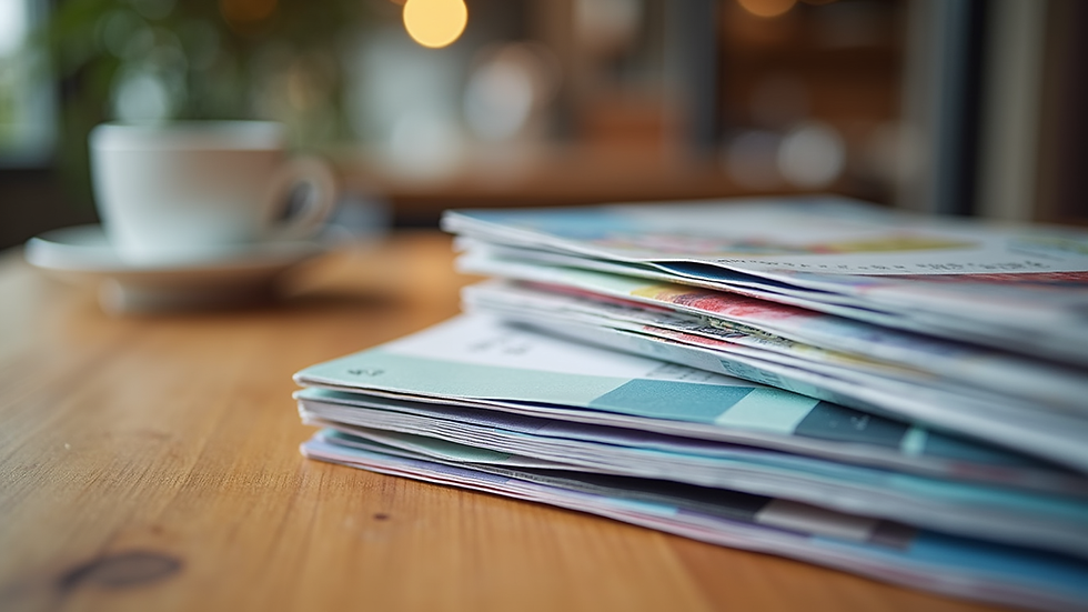 Close-up view of a stack of colourful brochures on a wooden table