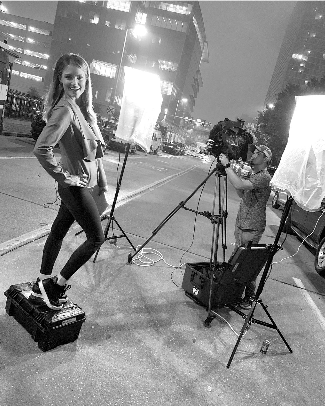 Jillian on location for a live shot at night