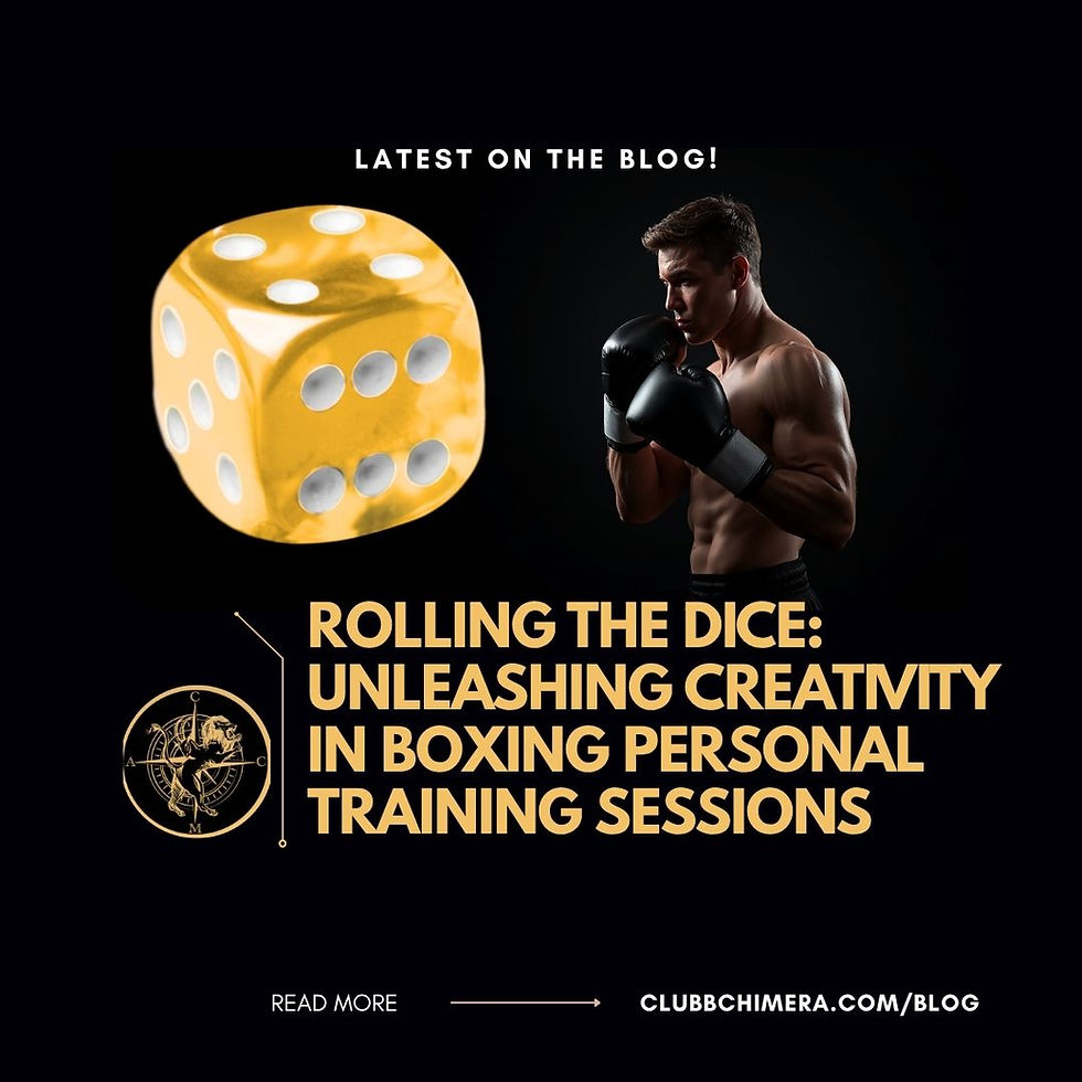 Boxer in gloves beside a gold die on black, with text: Latest on the Blog and Rolling the Dice: Unleashing Creativity in Boxing Training
