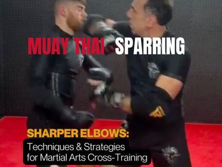 Two men spar on a red mat in a Muay Thai gym, one throwing an elbow, with text Muay Thai Sparring and Sharper Elbows.