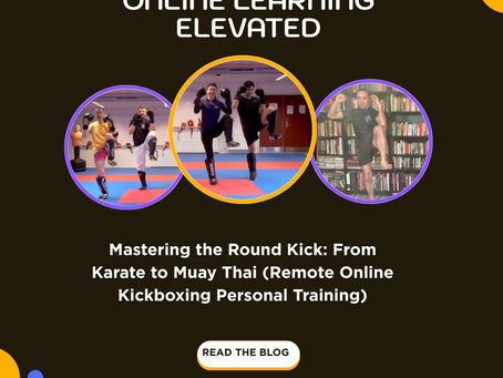 Online learning ad with images of people practising  shin-checks in a gym and at home. Text: "Mastering the Round Kick." Bold colors. Mood: focused.