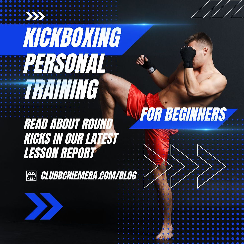 Man practising kickboxing in red shorts against a dark background. Text: "Kickboxing Personal Training for Beginners. clubbchimera.com/blog."