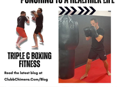 Boxing fitness poster with two men training and a man punching a heavy bag; text reads Punching to a Healthier Life and Triple C Boxing Fitness