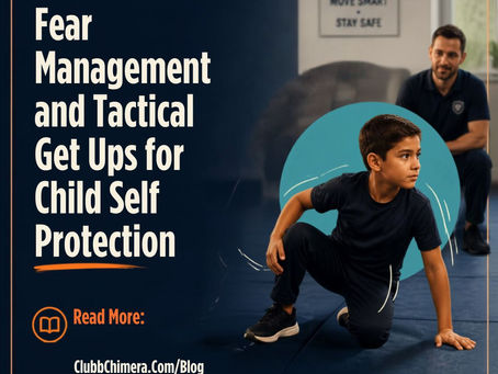 Boy on blue mat practicing self-defense with coach behind; poster says Fear Management and Tactical Get Ups for Child Self Protection.
