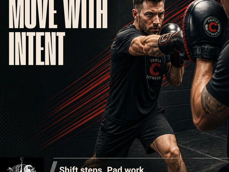 Boxer training with focus mitts in a dark gym ad; text reads Lesson 5: Move with Intent, Triple C Fitness.