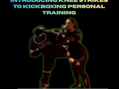 Two people in kickboxing gear performing knee strikes in a training session. Text reads: "Introducing Knee Strikes to Kickboxing Personal Training." URL: clubbchimera.com/blog.