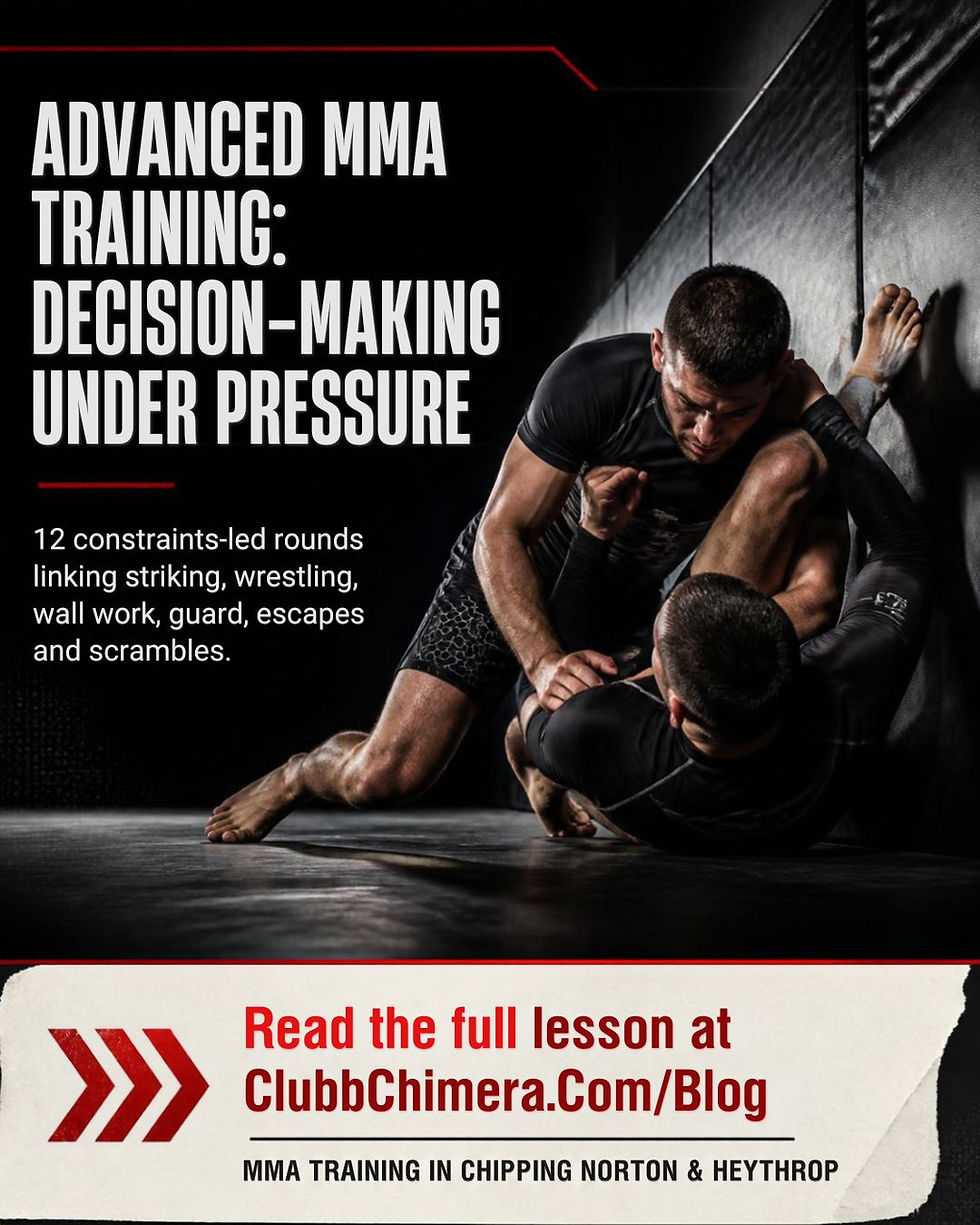 MMA training poster shows two grapplers on a mat under pressure, with text about decision-making and ClubbChimera.com/blog.