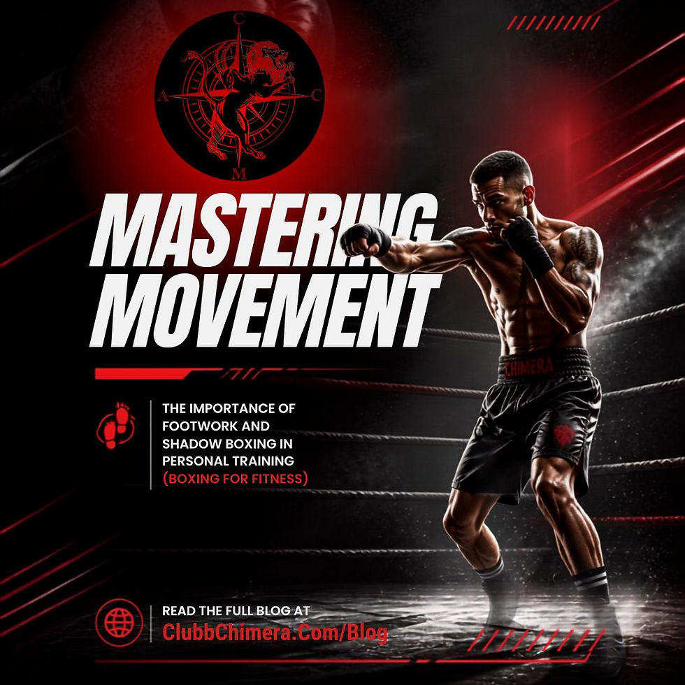 Boxer in a ring throws a punch on a black-red poster reading MASTERING MOVEMENT and blog promo text.