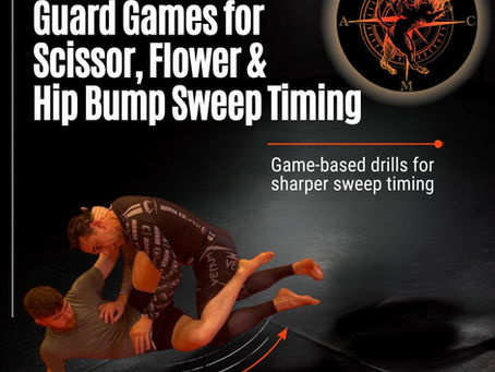 MMA training poster with two grapplers on a mat, titled Guard Games for Scissor, Flower & Hip Bump Sweep Timing.
