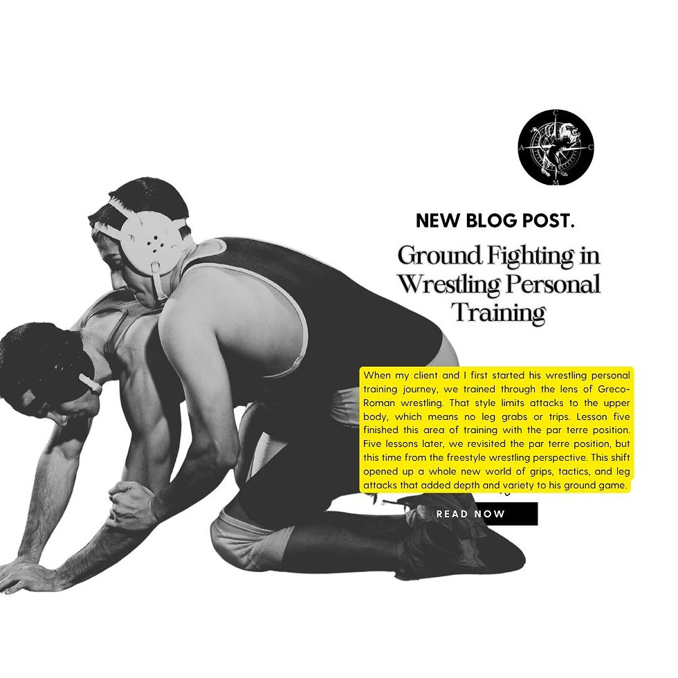 Two wrestlers in a ground position; a blog post titled Ground Fighting in Wrestling Personal Training. Black and white image with yellow text box.