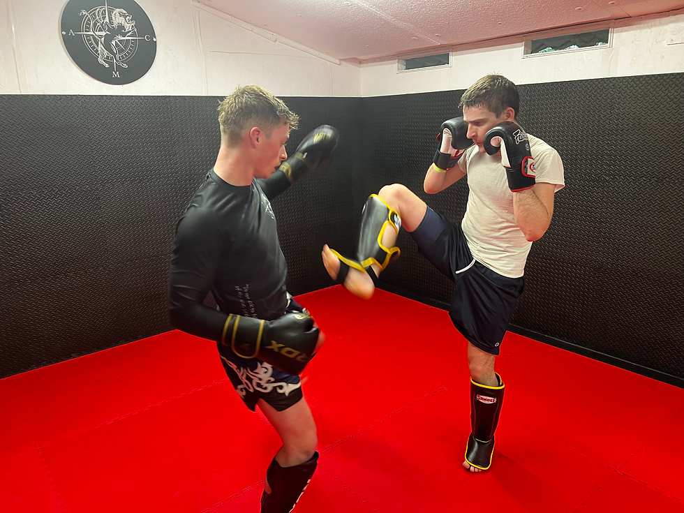 Two men sparring in a gym with red mats and black walls. One is in a fighting stance, the other lifts a knee. Intense focus. Wall logo visible.