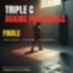 Boxer in a dim gym beside a heavy bag, with bold text reading TRIPLE C BOXING FOR FITNESS FINALE.