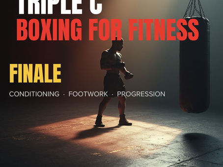 Boxer in a dim gym beside a heavy bag, with bold text reading TRIPLE C BOXING FOR FITNESS FINALE.
