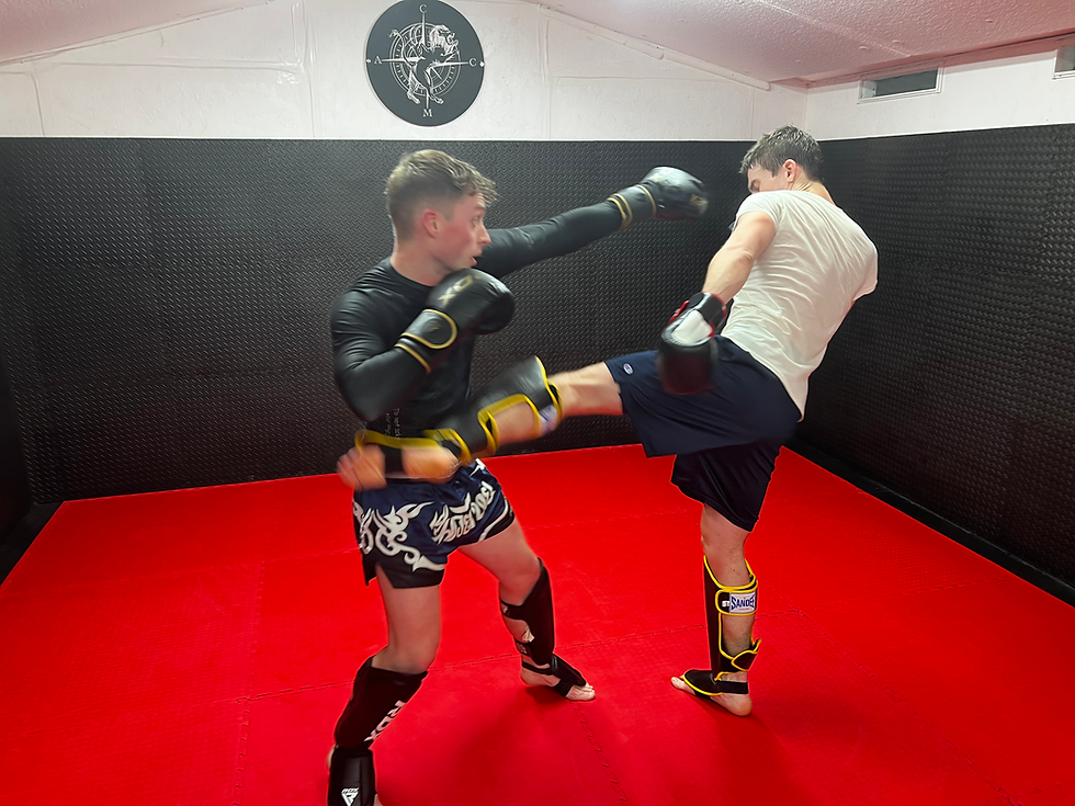 Two people spar in a gym with padded black walls and red mats. One delivers a kick; both wear protective gear, showing focus and intensity.