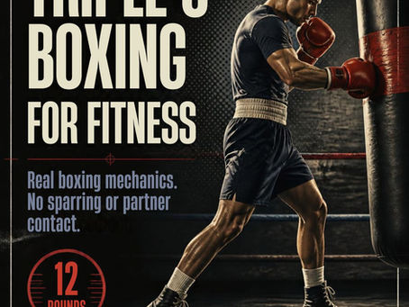 Boxer in gloves hitting a heavy bag in a dark gym poster reading TRIPLE C BOXING FOR FITNESS, 12 ROUNDS.