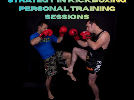 Two men in kickboxing stance, wearing gloves and shorts, practise kicks. Text above: "Mastering Balance and Strategy in Kickboxing."