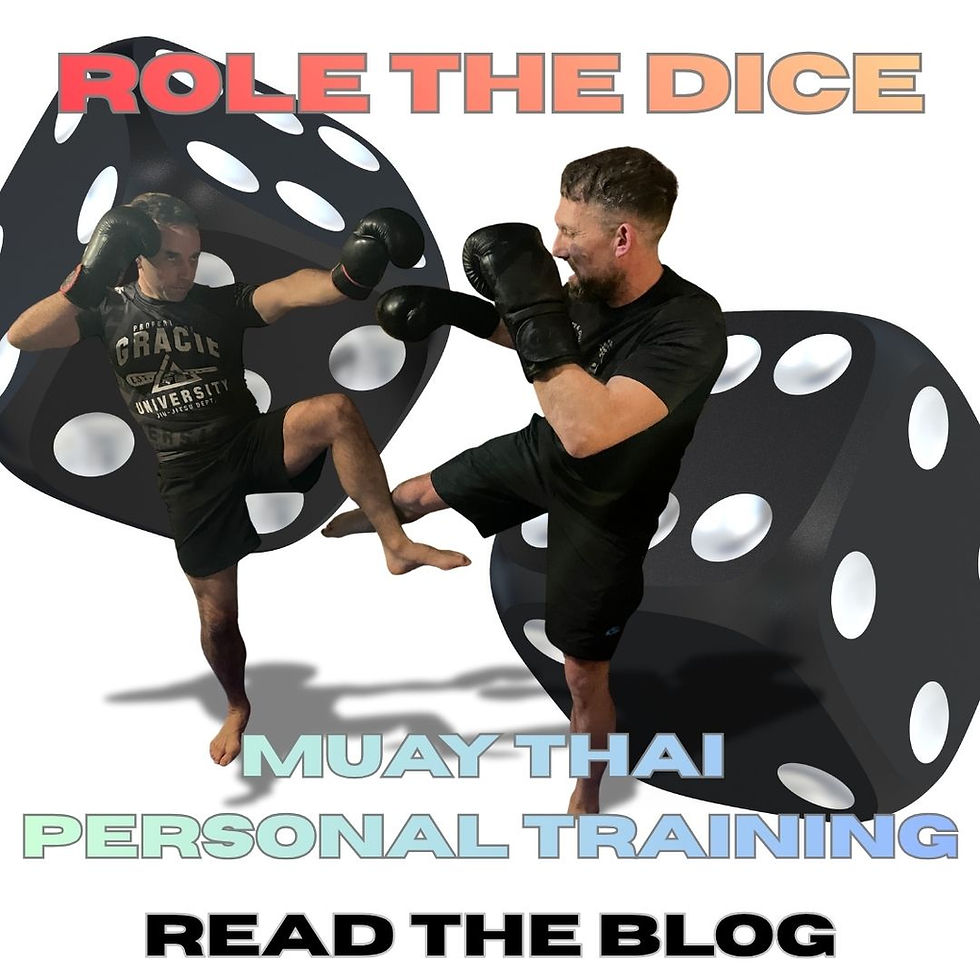Two men spar in Muay Thai boxing gear over giant dice. Text: "ROLE THE DICE," "MUAY THAI PERSONAL TRAINING," "READ THE BLOG."