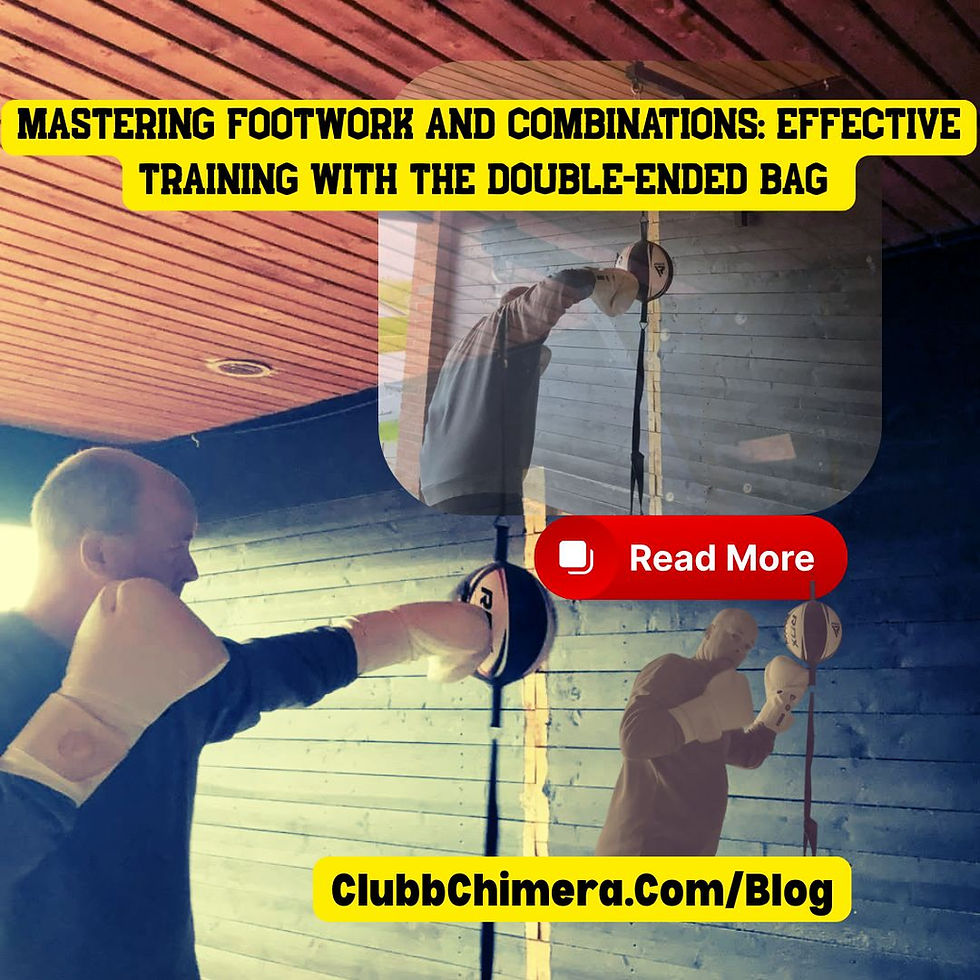 Boxer practising punches on a double-ended bag in a gym, with headline text, Read More button, and ClubbChimera.com/Blog.