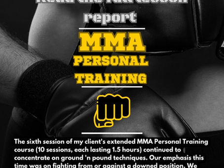 Boxing glove close-up with overlay text: "MMA Personal Training." Black and yellow theme, promoting a blog about MMA ground techniques.