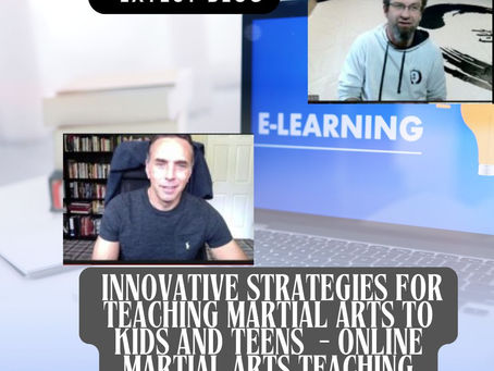 Two men on video call, one in a room, another in a martial arts studio. Text: "E-LEARNING" and "LATEST BLOG" with info on martial arts.
