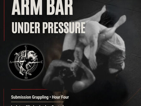 Black grappling poster shows two wrestlers in an armbar with bold text: BUILD THE ARM BAR UNDER PRESSURE and ClubbChimera.com/Blog