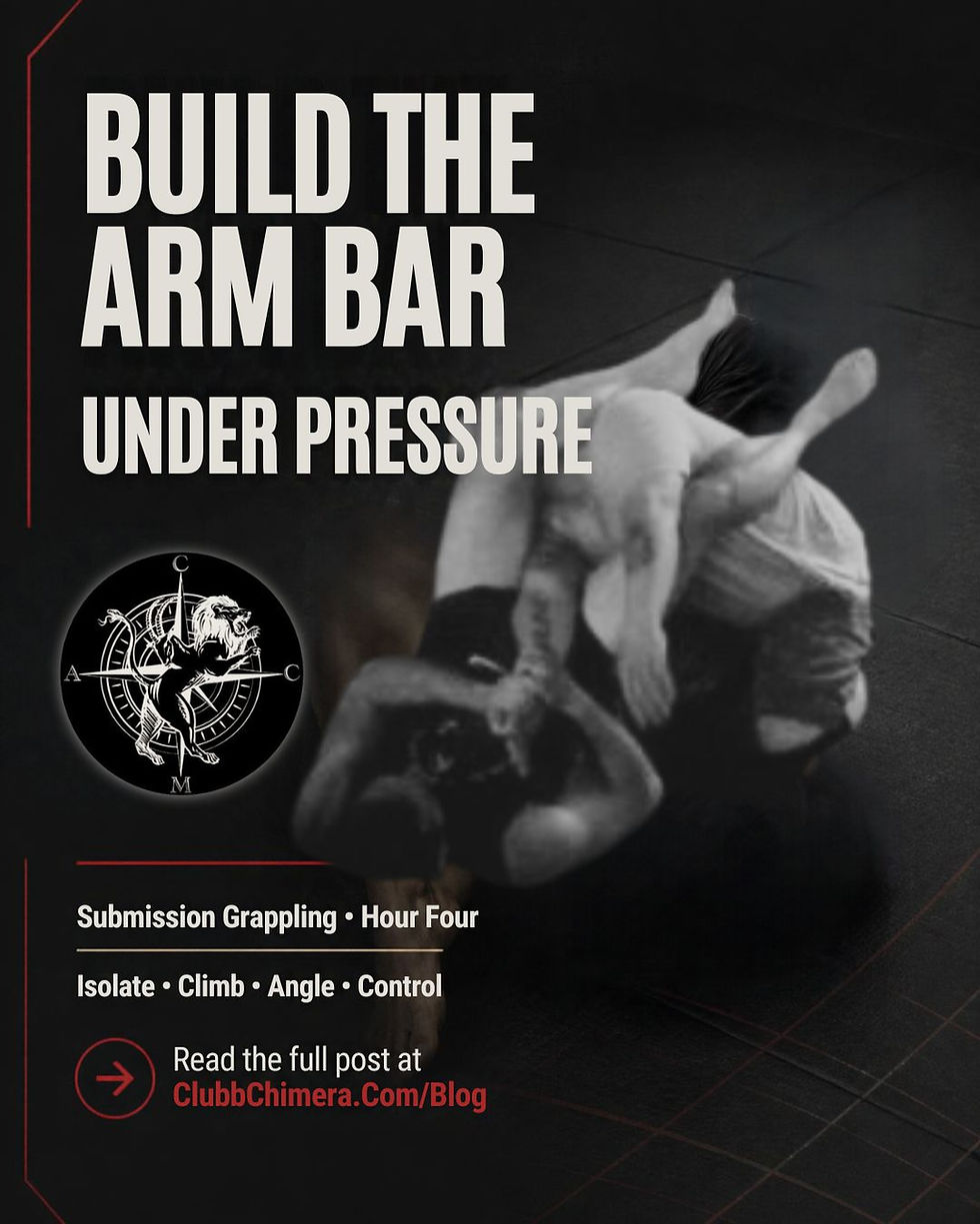 Black grappling poster shows two wrestlers in an armbar with bold text: BUILD THE ARM BAR UNDER PRESSURE and ClubbChimera.com/Blog