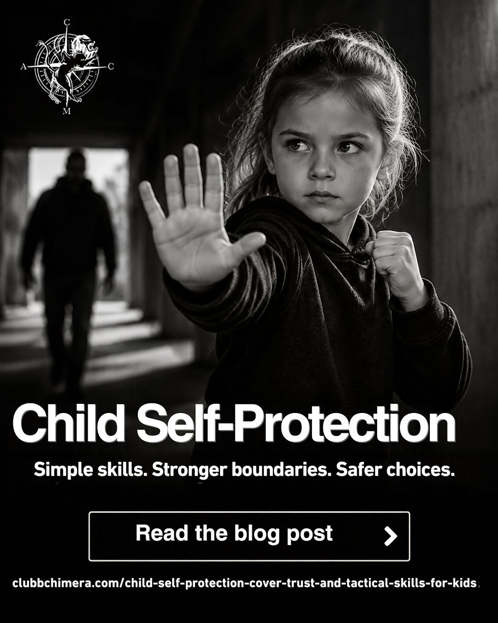 Black-and-white poster of a young girl in a defensive pose, with a shadowy adult behind her and text: Child Self-Protection.