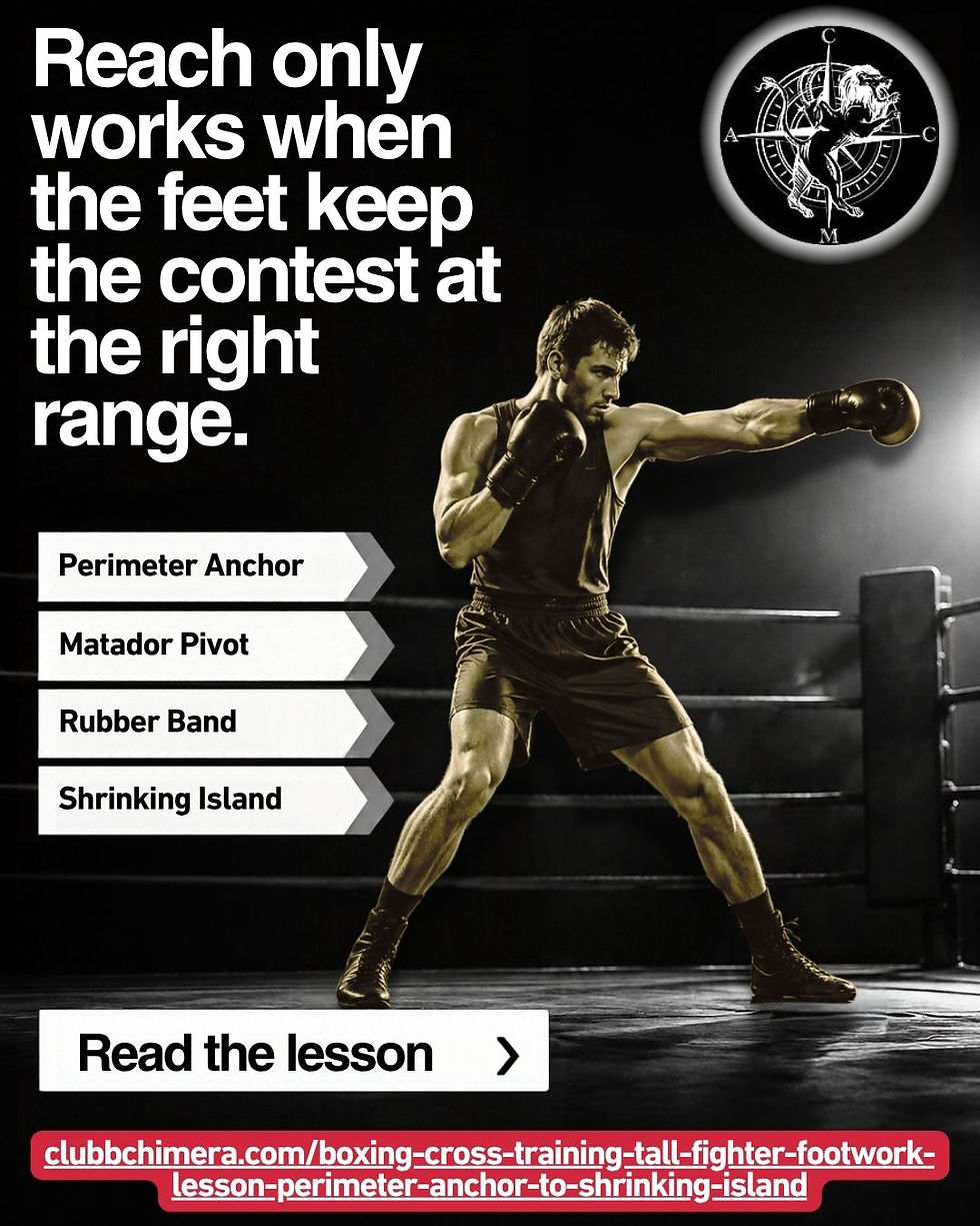 Dark poster of a boxer punching in a ring, with text: Reach only works when the feet keep the contest at the right range.