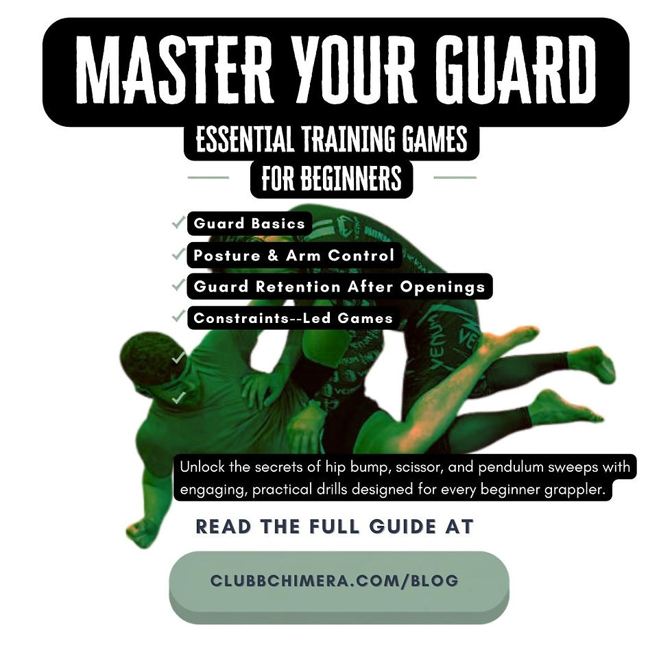 Poster of two green-lit grapplers demonstrating guard, with text: Master Your Guard, essential training games for beginners.