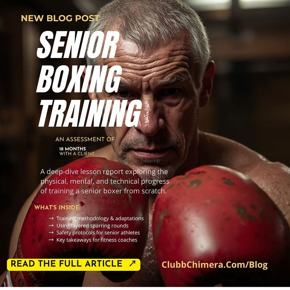 Senior man with red boxing gloves, intense expression. Text about senior boxing training, progress, and safety tips. Dark background.