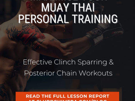 Muay Thai fighter sparring in a dark gym with promo text: MAXIMISE YOUR MUAY THAI PERSONAL TRAINING and read clubbchimera.com/blog
