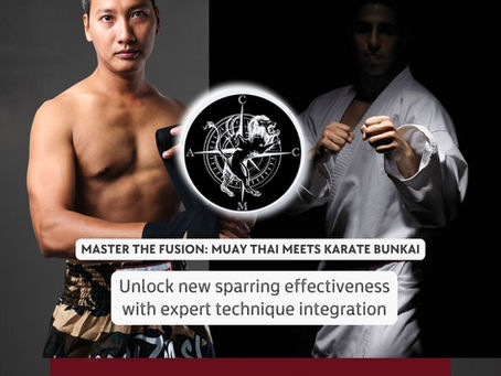 Split image of two martial artists, shirtless and in a white gi, with a circular logo and promo text for Muay Thai and karate.
