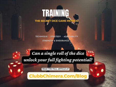 Silhouetted Muay Thai fighter in a dim gym, surrounded by glowing dice; poster text reads Training and ClubbChimera.com/Blog