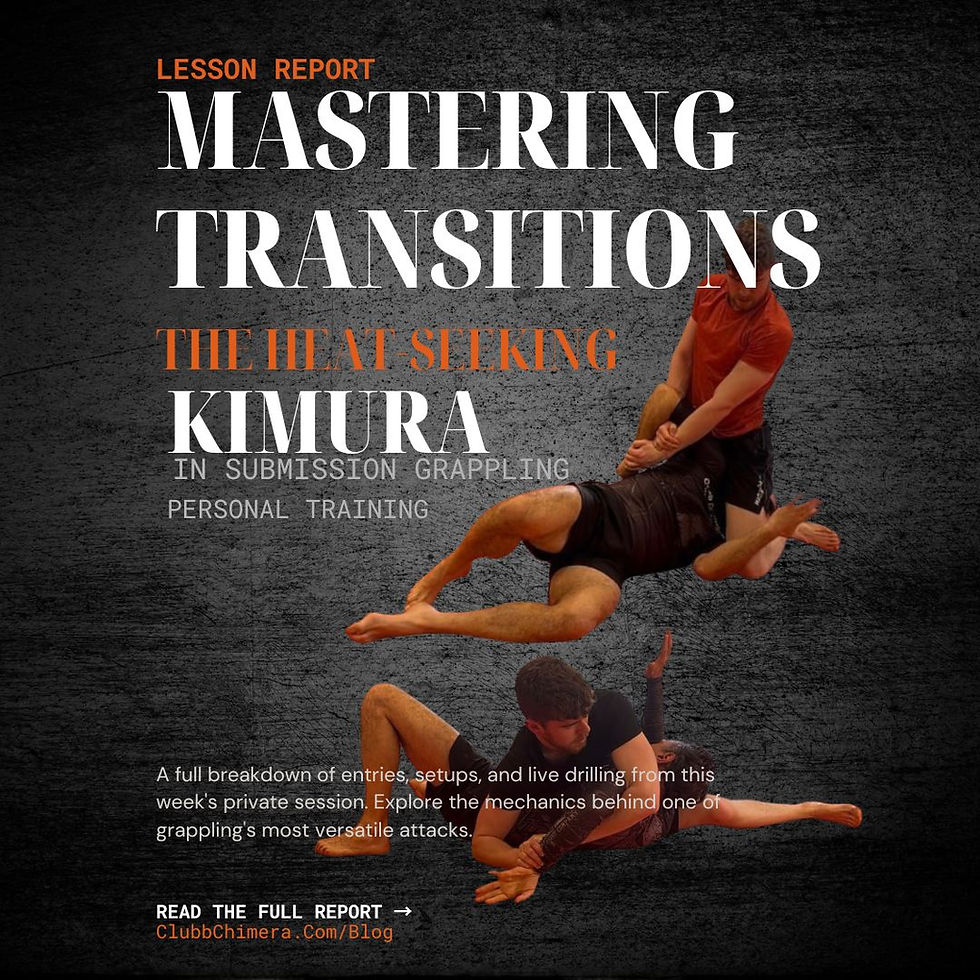 Poster for lesson report on mastering transitions: the heat-seeking kimura in submission grappling, with two wrestlers on dark background.