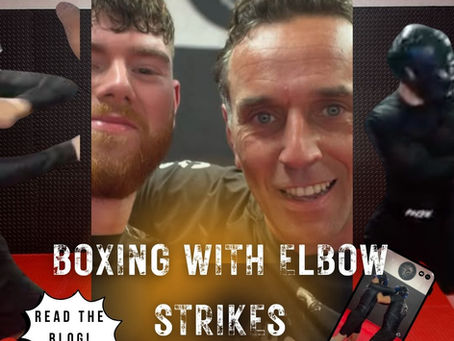Two men smiling, with text "MMA Personal Training" and "Boxing with Elbow Strikes." A phone shows action. Red and black background.