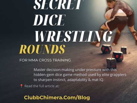 MMA wrestlers grapple beside dice on a mat in a promo graphic reading Secret Dice Wrestling Rounds for MMA cross training.