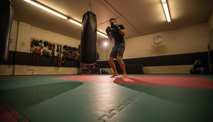 Low-angle view of a fighter recovering stance after a question mark kick on a heavy bag.