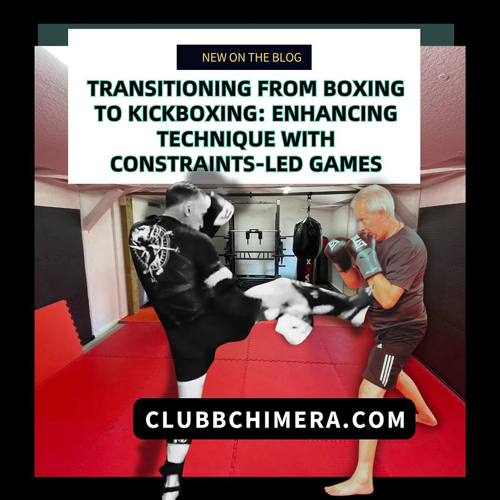 Two men spar in a boxing gym, one kicking, with headline on transitioning from boxing to kickboxing and CLUBBCHIMERA.COM.