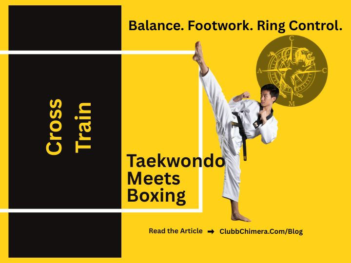 Yellow-and-black poster of a taekwondo fighter kicking, with text: Cross Train, Balance. Footwork. Ring Control. Taekwondo Meets Boxing.