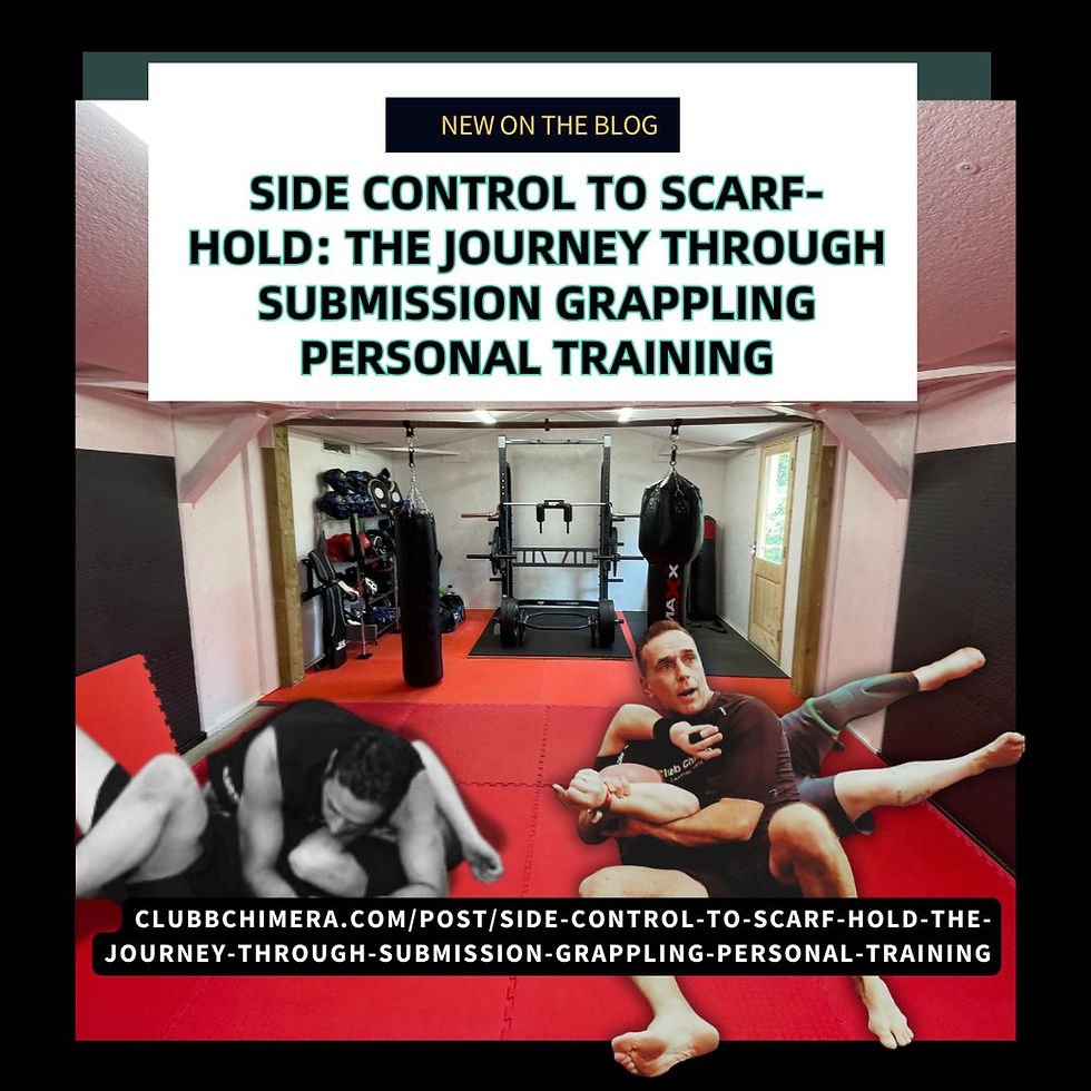 Martial arts training room with equipment and two men grappling on red mats. Text: Side Control to Scarf-Hold blog post info.