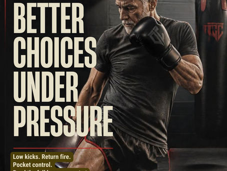 Older boxer in a gym poses by a heavy bag; bold text reads Class Seven: Better Choices Under Pressure and Low kicks.