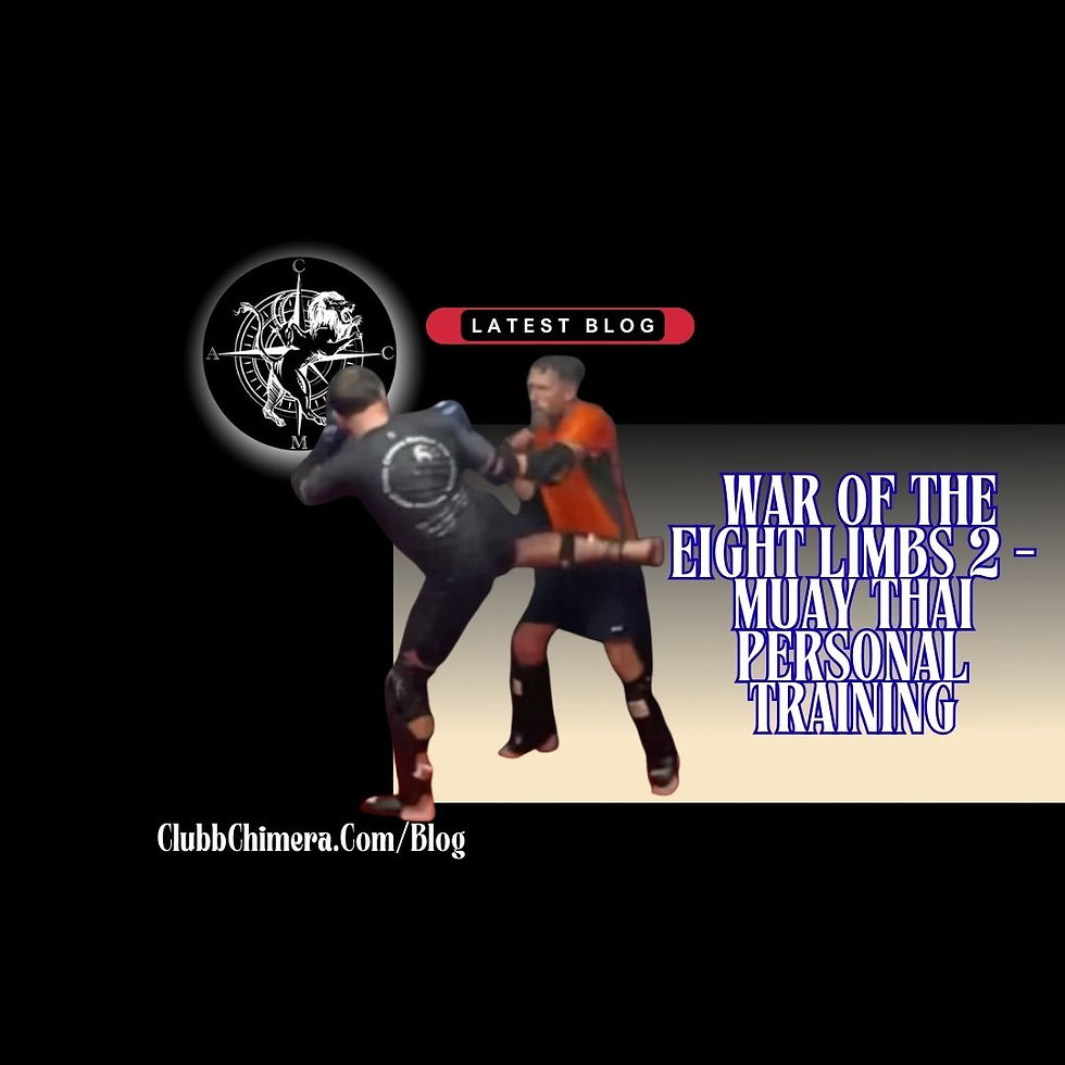 Two people practising Muay Thai in a black and beige setting. Text reads "War of the Eight Limbs 2 - Muay Thai Personal Training."