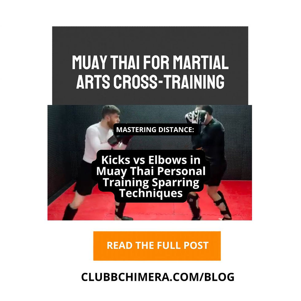 Muay Thai sparring promo with two fighters in a gym; text: Mastering Distance, Kicks vs Elbows, Read the Full Post.